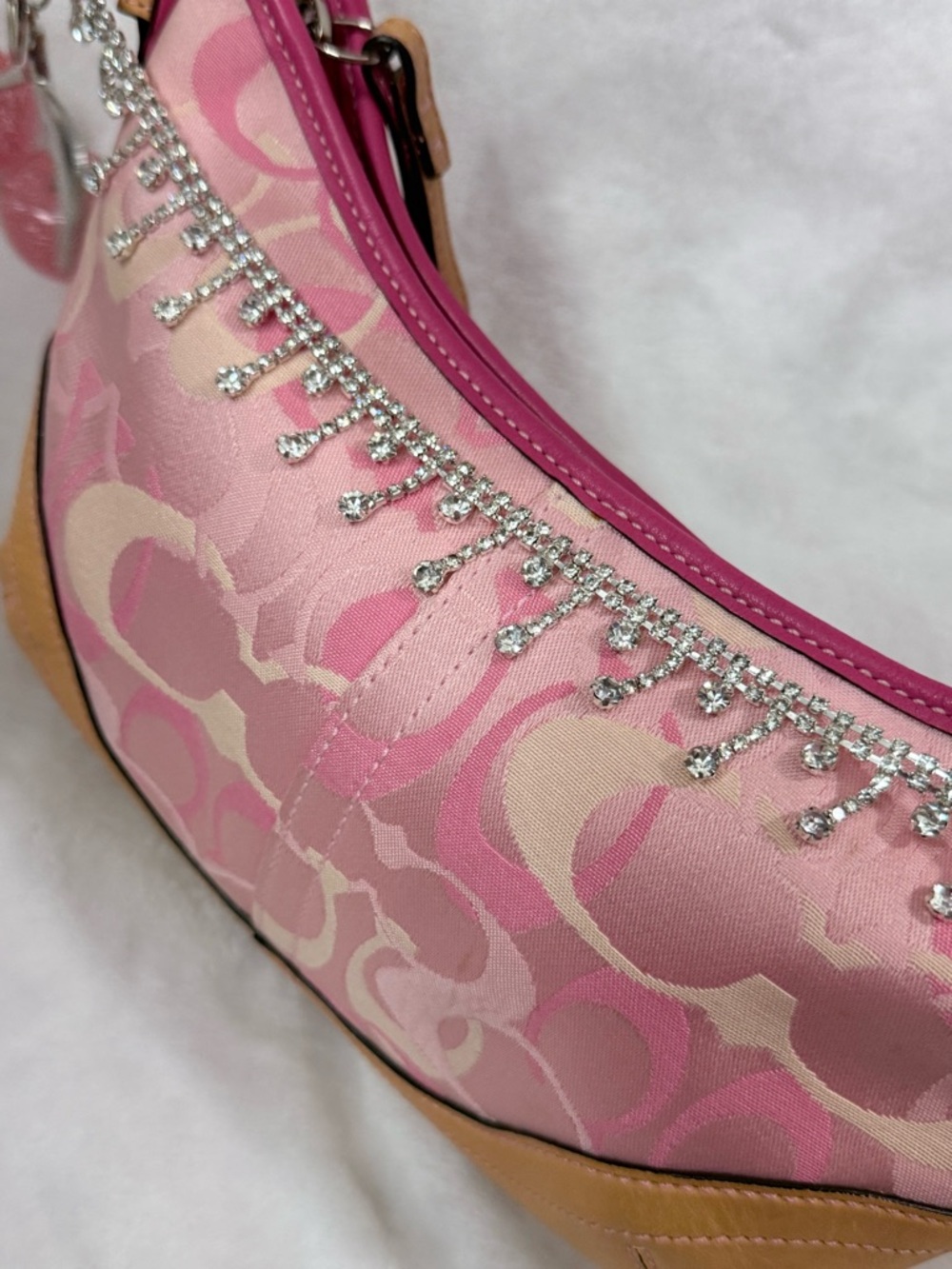 Pink Coach Rare Signature Print Shoulder Bag with Crystal Trim - Picture 6 of 8